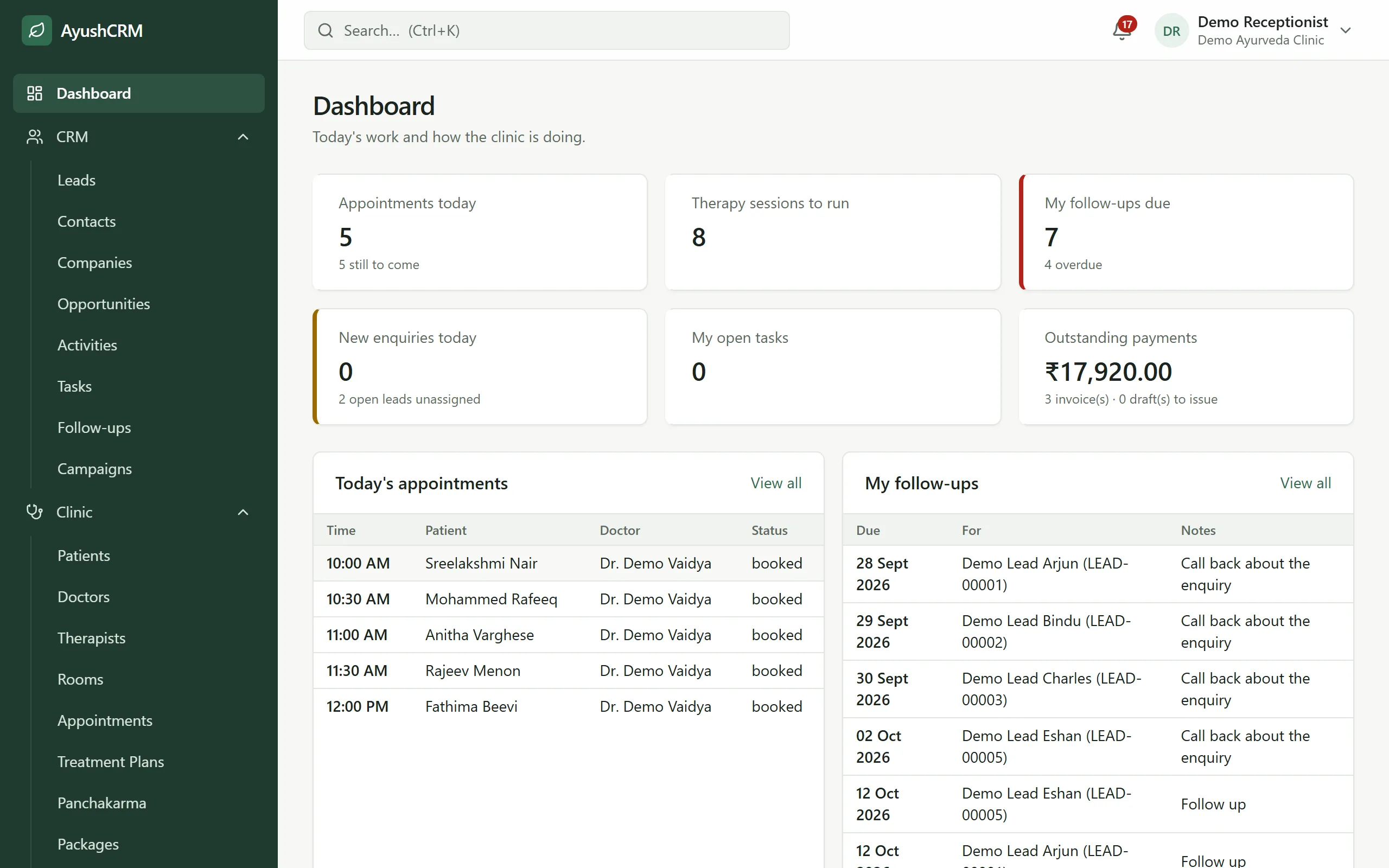 AyushCRM dashboard with today's appointments, collections and alerts