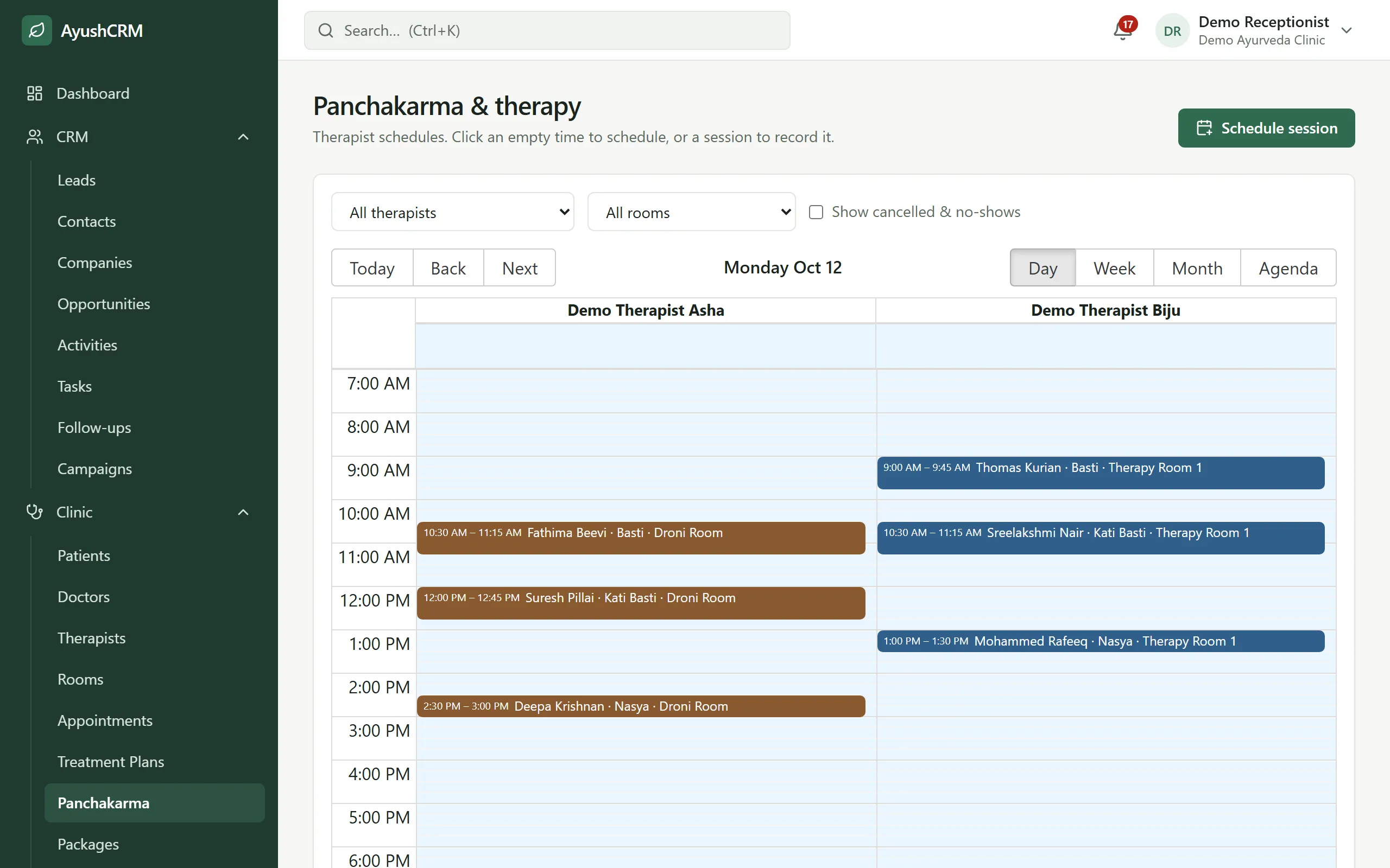 Panchakarma schedule by therapist and room